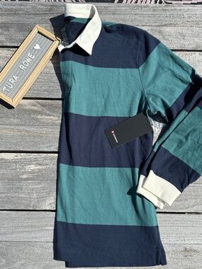 Lululemon Long Sleeve Cotton Rugby Shirt Wide Stripe Navy Marina Size Large NWT